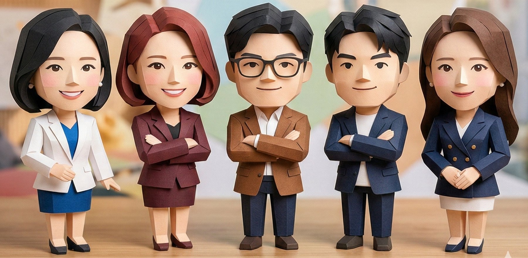 JJ Creative 교육연구소 대표진 캐리커처 — 김주현, 김수정, 전재현, 전필국, 양지아