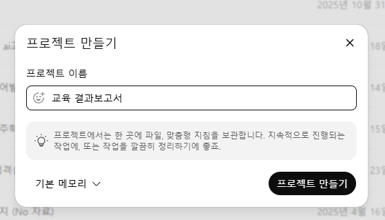 이름 한 줄만 적으면 됩니다. 안내에 «프로젝트에서는 한 곳에 파일, 맞춤형 지침을 보관합니다»라고 적혀 있습니다.