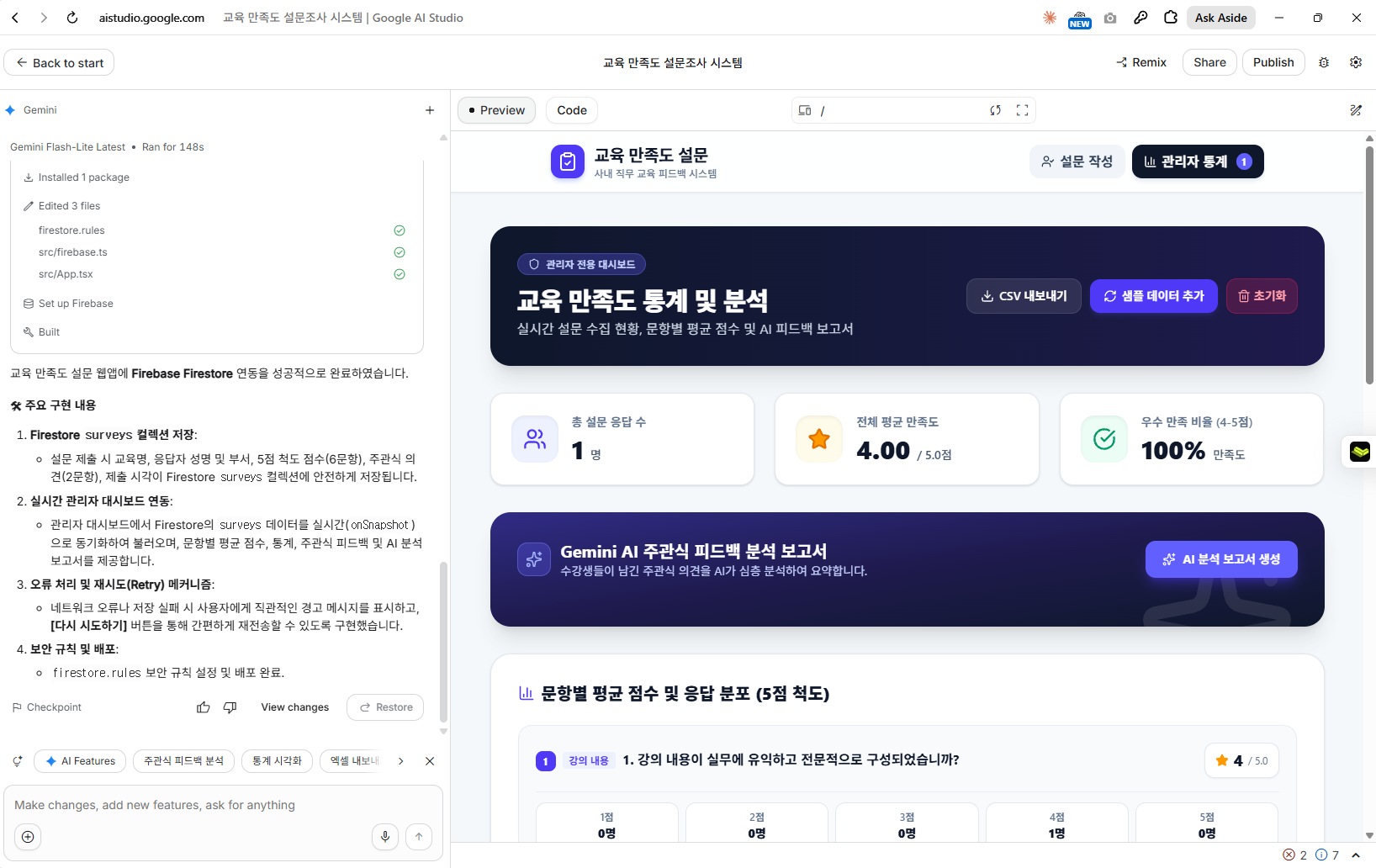 제가 직접 설문을 한 건 제출한 뒤의 관리자 화면입니다. «총 설문 응답 수 1명 · 전체 평균 4.00 · 우수 만족 비율 100%». 제 응답이 서버에 저장되고 통계로 집계된 것입니다.