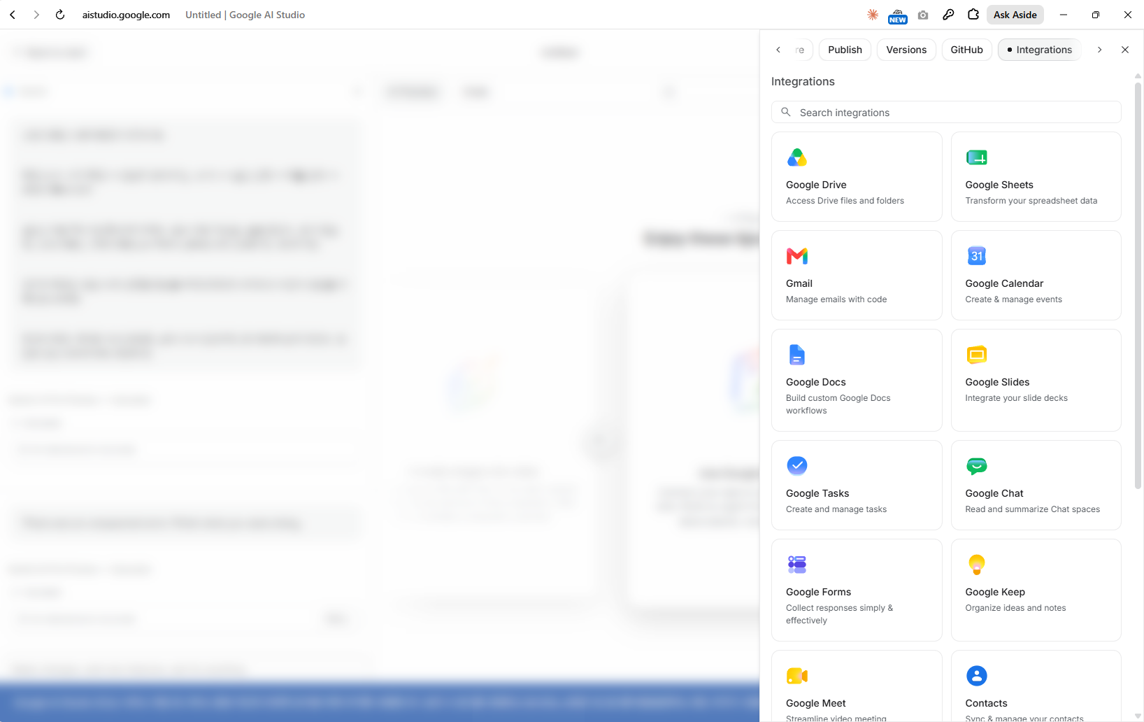 설정의 «Integrations» 탭입니다. Google Drive · Google Sheets · Gmail · Calendar · Docs · Slides · Tasks · Chat · Forms · Keep · Meet · Contacts 가 준비돼 있습니다.