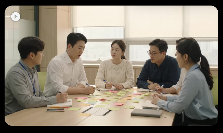 위 첫 번째 프롬프트를 Veo 3.1 Lite로 실제 돌려 얻은 영상입니다. 회의 테이블에 둘러앉아 대화하는 장면이 실제로 움직입니다. 생성이 끝나면 왼쪽 메뉴에 «동영상» 항목이 새로 생깁니다.