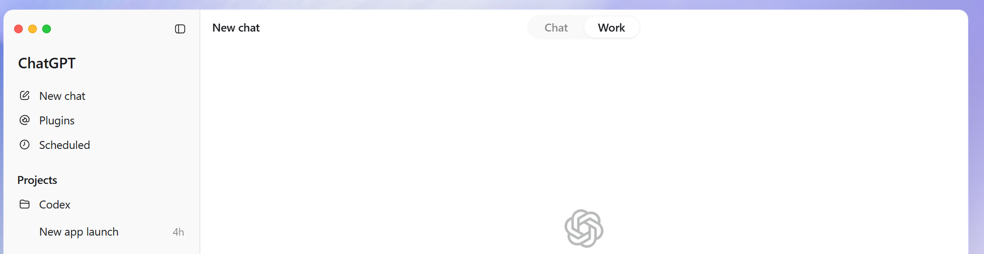 새 대화 화면 위쪽의 «Chat / Work» 스위치. 이것 하나로 «답을 받을지» «파일을 받을지»가 갈립니다.