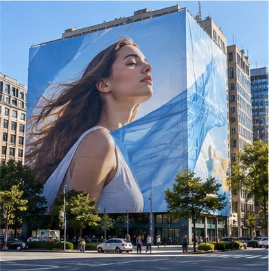 /buildingwrap 예시 이미지 — 건물 외벽 전체를 덮은 초대형 인쇄 광고