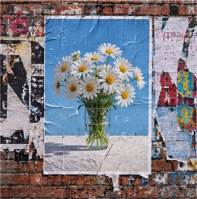 /streetposter 예시 이미지 — 벽돌 담벼락에 겹겹이 붙은 거리 포스터