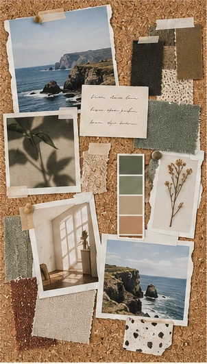 /moodboard 예시 이미지 — 사진·색·소재를 모아 붙인 콘셉트 보드