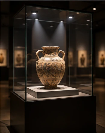 /museumdisplay 예시 이미지 — 유리 진열장 안에 스포트라이트를 받는 전시