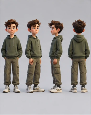 /characterturnaround 예시 이미지 — 캐릭터를 정면·측면·후면으로 나란히 배치