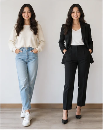 /outfitswap 예시 이미지 — 같은 인물을 다른 복장으로 나란히 비교